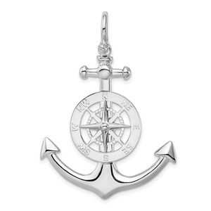 925 Sterling Silver Nautical  3D Lg Anchor with Compass Necklace Charm Pendant